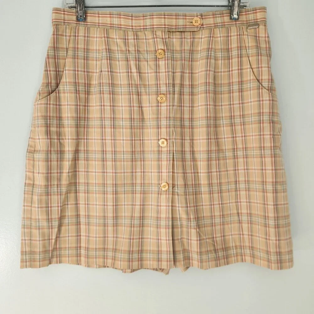 LIZ CLAIBORNE Liz Golf Skort Skirt Size 14 Yellow Beige Green Plaid EUC‎